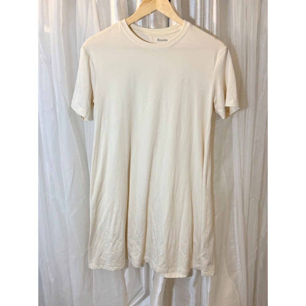 Roots T-Shirt Dress Womens Small Cream Short Sleeve Embossed Logo Mini